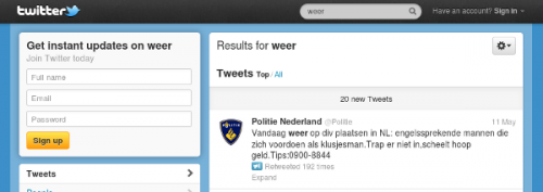 Zoeken op "weer" in Twitter